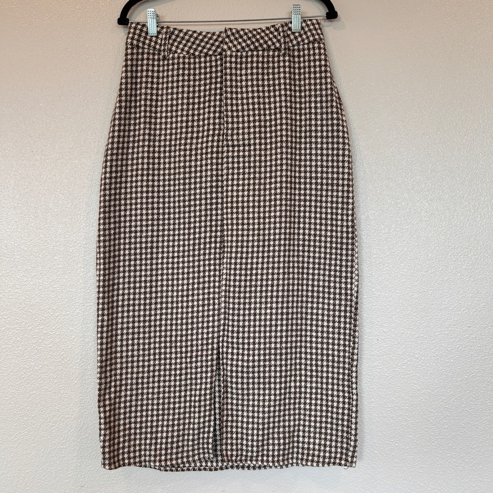 Cider Brown Houndstooth Midi Pencil Skirt High Waisted Back Slit Size M